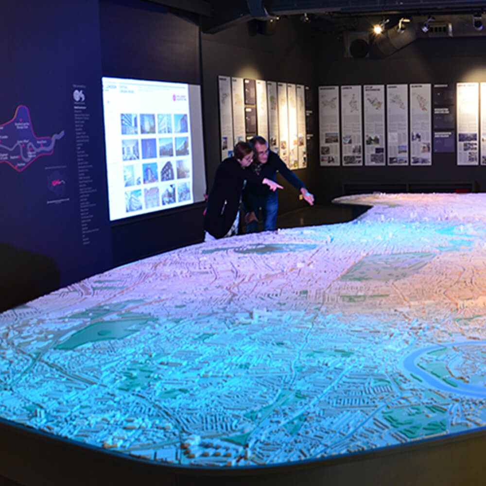 Large-scale interactive floor projection system displaying detailed topographical maps and historical visualizations. Museum-grade digital mapping technology enables educational exploration and immersive learning experiences, ideal for heritage sites, cultural institutions, and educational visitor centers.